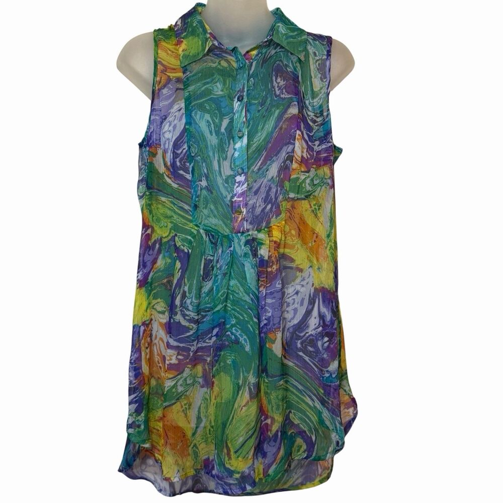 Cupio Sheer Sleeveless Blouse Medium Flowing Abstract Chiffon Boho Colorful Top